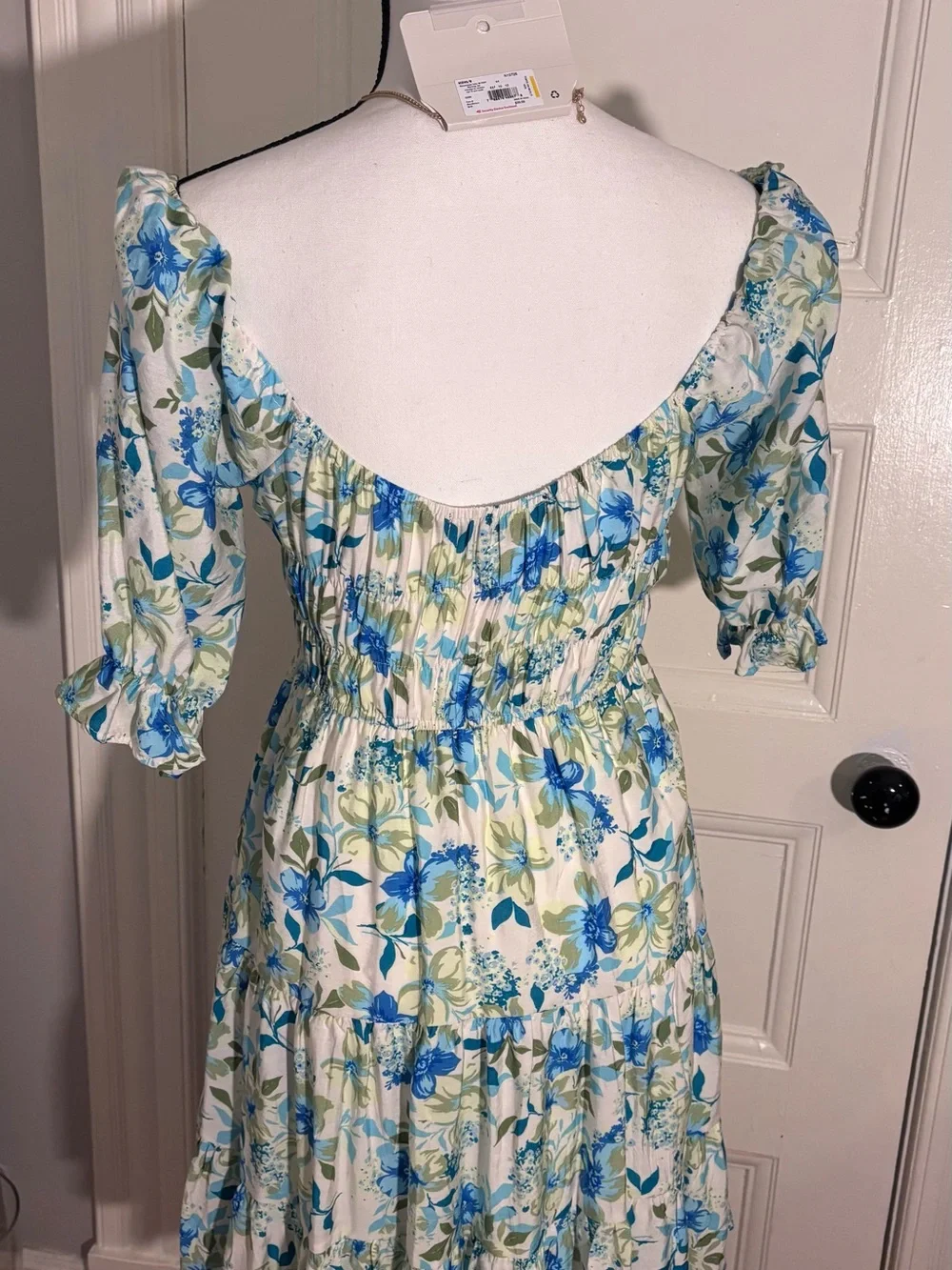 Smocked Square-Neck Mini Dress in Blue Floral - Picture 7 of 8
